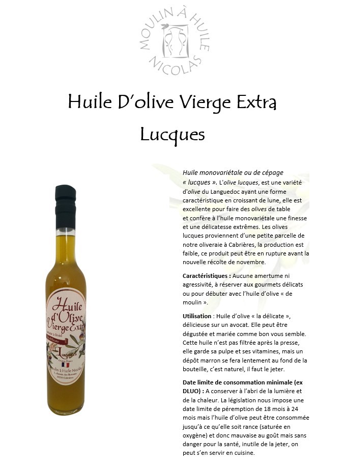Huile d'olive vierge extra Lucques 50cl